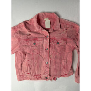 POL Pink Denim Jacket Cropped Distressed Plaid Back Festival Boho Raw Hem Grunge